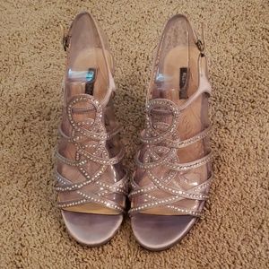 Sparkly silver crisscrossed open toe heels